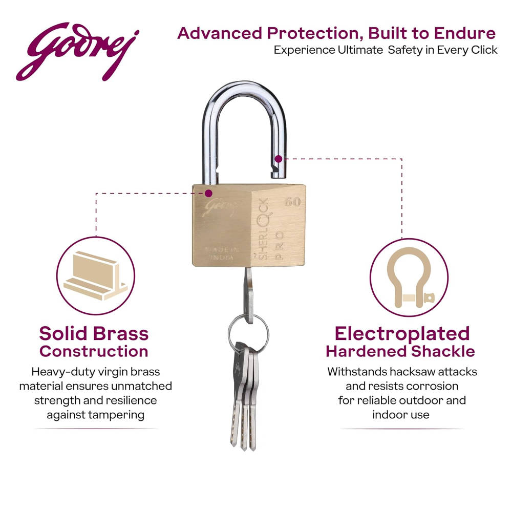 Godrej Locks | Sherlock Pro 60mm Padlock | with 4 Keys | Premium Solid Brass Lock | Self-Locking Shackle | Double Locking | Rust-Resistant | Suitable for Doors, Cabinates | 1 Year Warranty